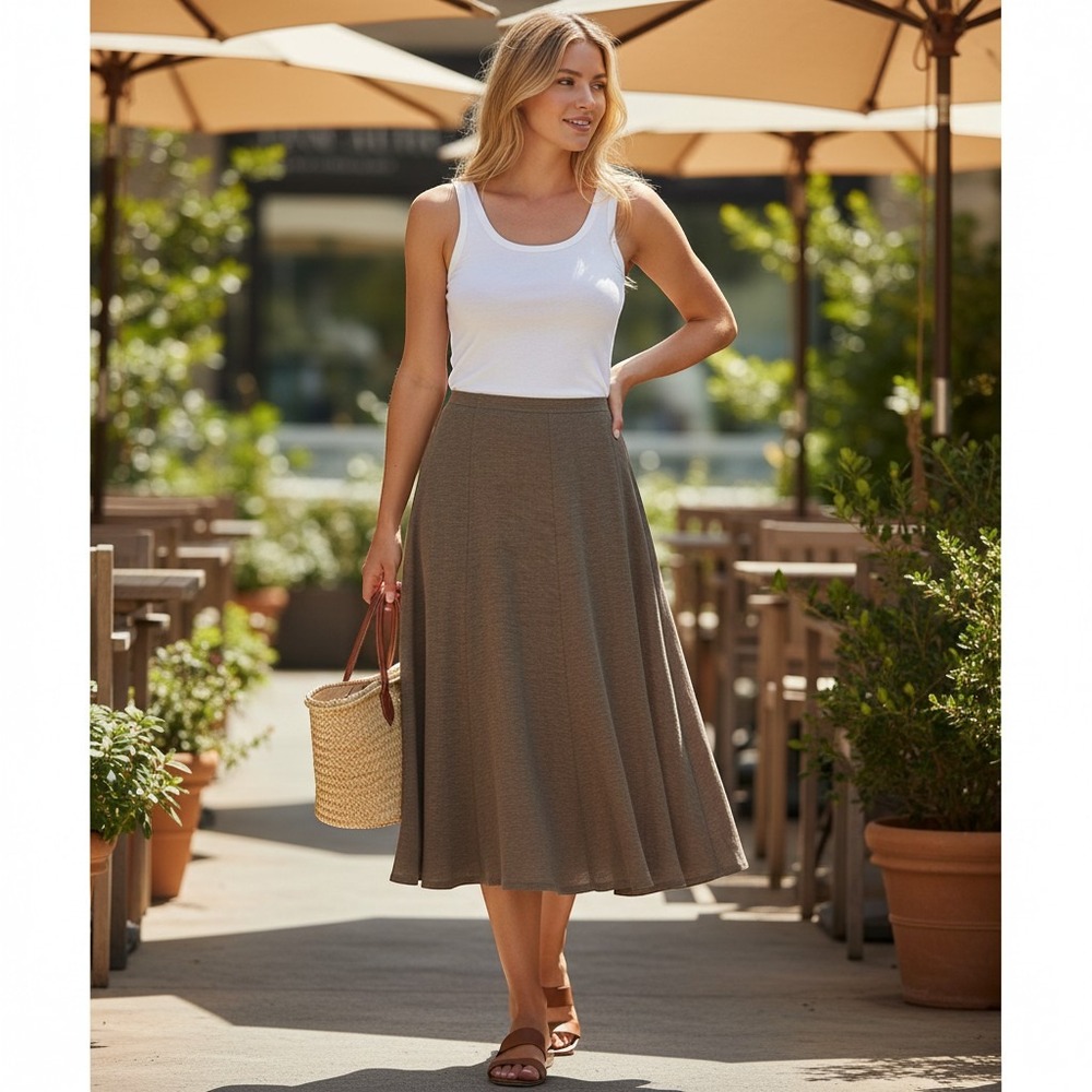 NWT Eileen Fisher Petite PL Linen Jersey Gore Skirt Branch Brown S1072P